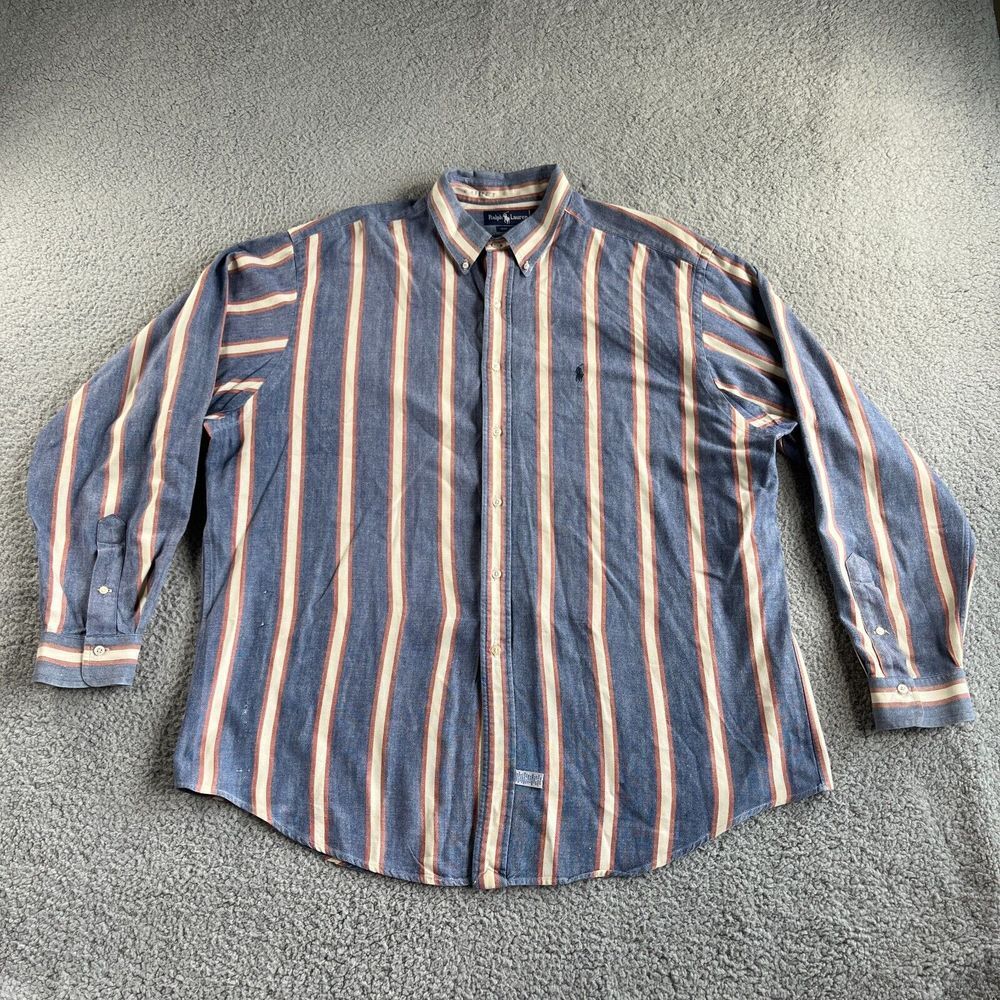 Ralph Lauren Shirt Mens 2XL XXL Blue Red Striped Button Up Heavyweight Casual